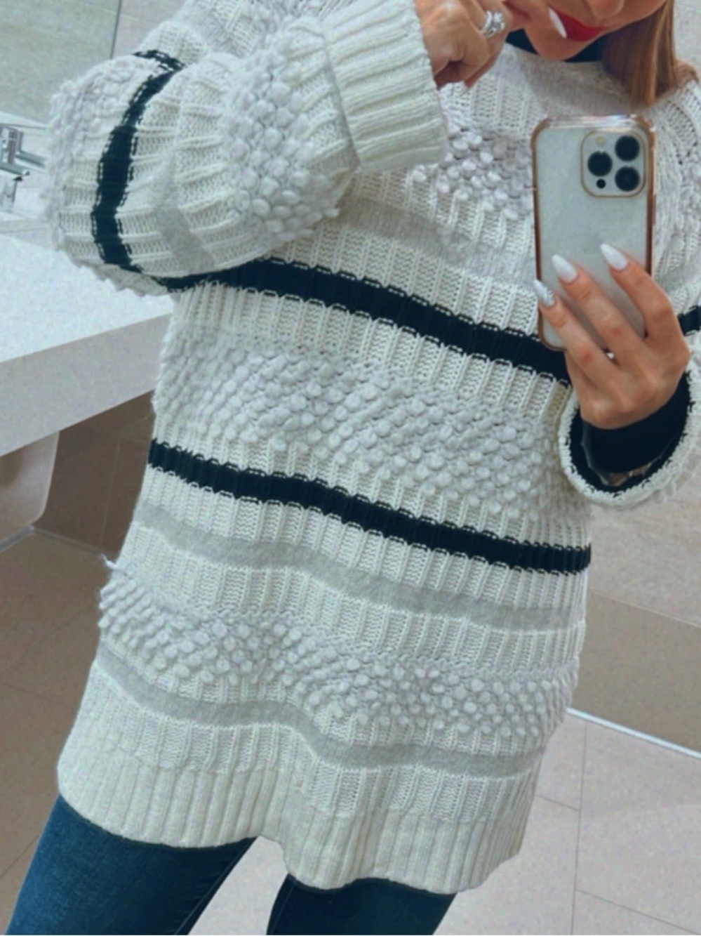 Lou & Grey Cream Striped Knit Sweater - Large